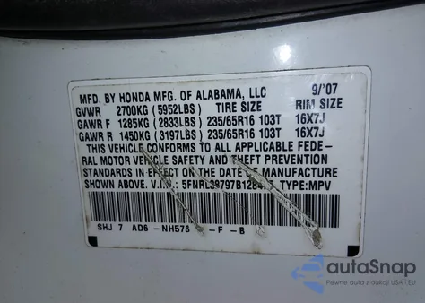 2007 Honda Odyssey Ex-L from USA, damaged, VIN 5FNRL38797B128475